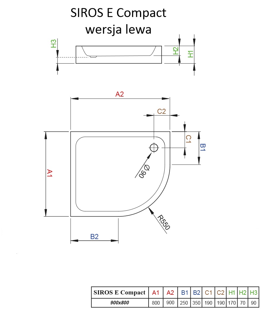 Brodzik kwadratowy Siros E Compact schemat
