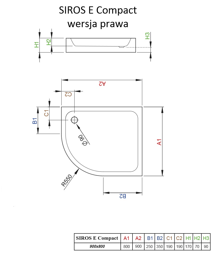 Brodzik kwadratowy Siros E Compact schemat