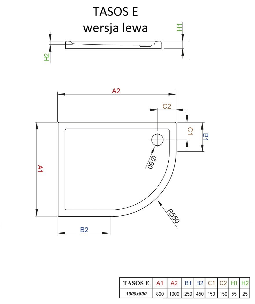 Brodzik asymetryczny Tasos E Radaway lewy schemat