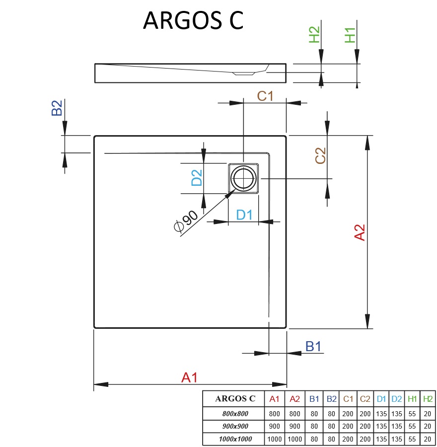 Kwadratowy brodzik Argos C schemat