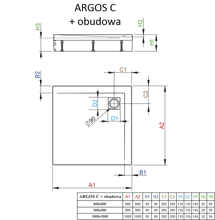 Kwadratowy brodzik Argos C schemat