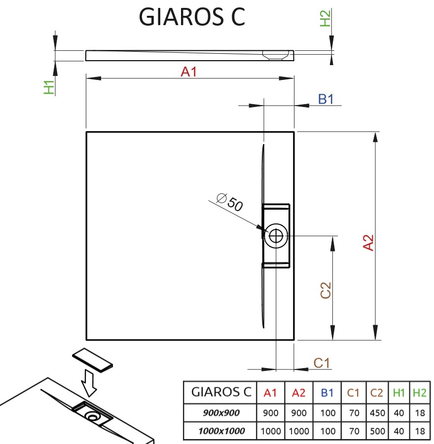 Płytki brodzik kwadratowy Giaros C schemat