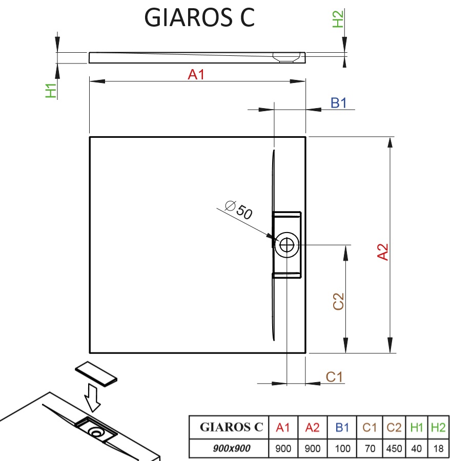 Płytki brodzik kwadratowy Giaros C schemat