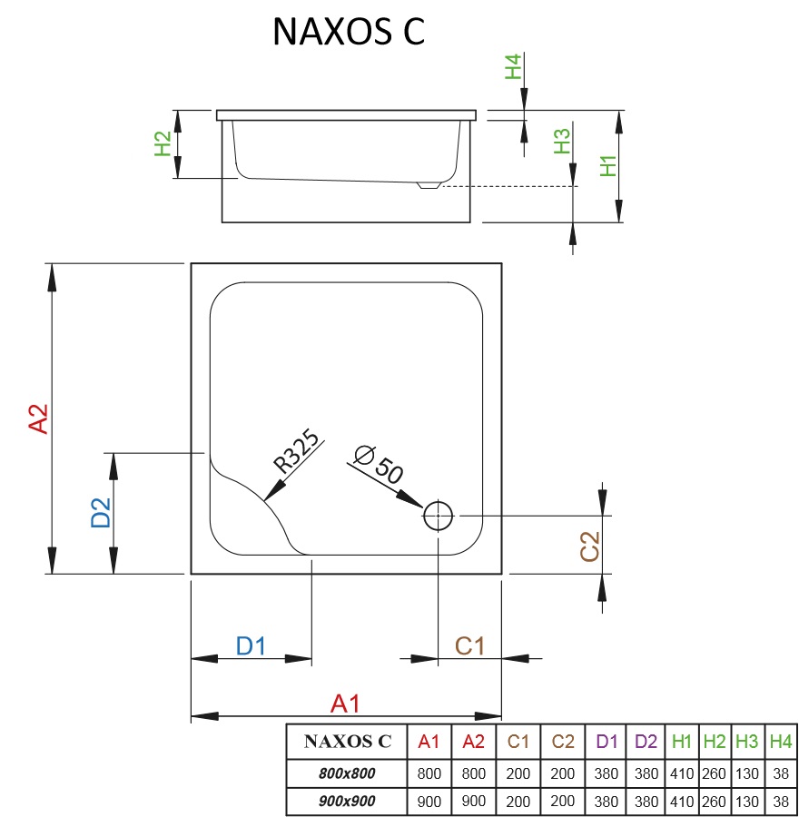 Brodzik kwadratowy Naxos C schemat
