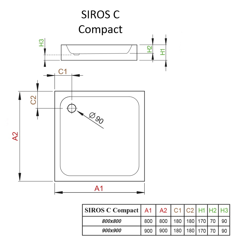 Brodzik kwadratowy Siros C Compact schemat