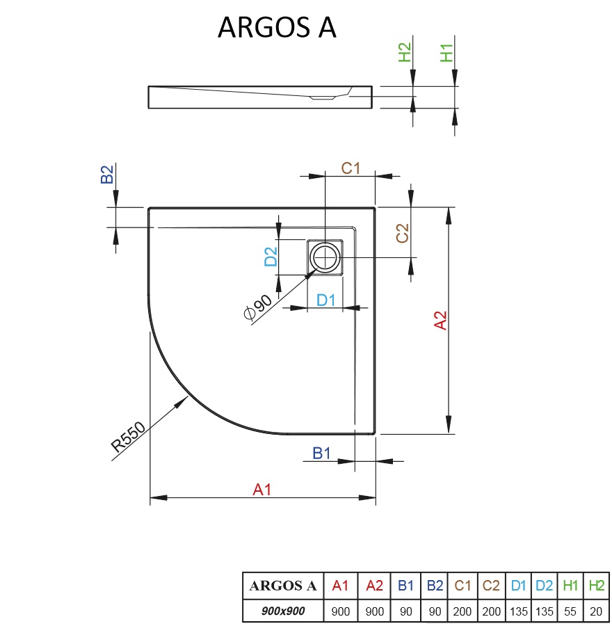 półokrągły brodzik Argos A schemat