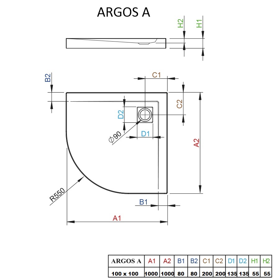 półokrągły brodzik Argos A schemat