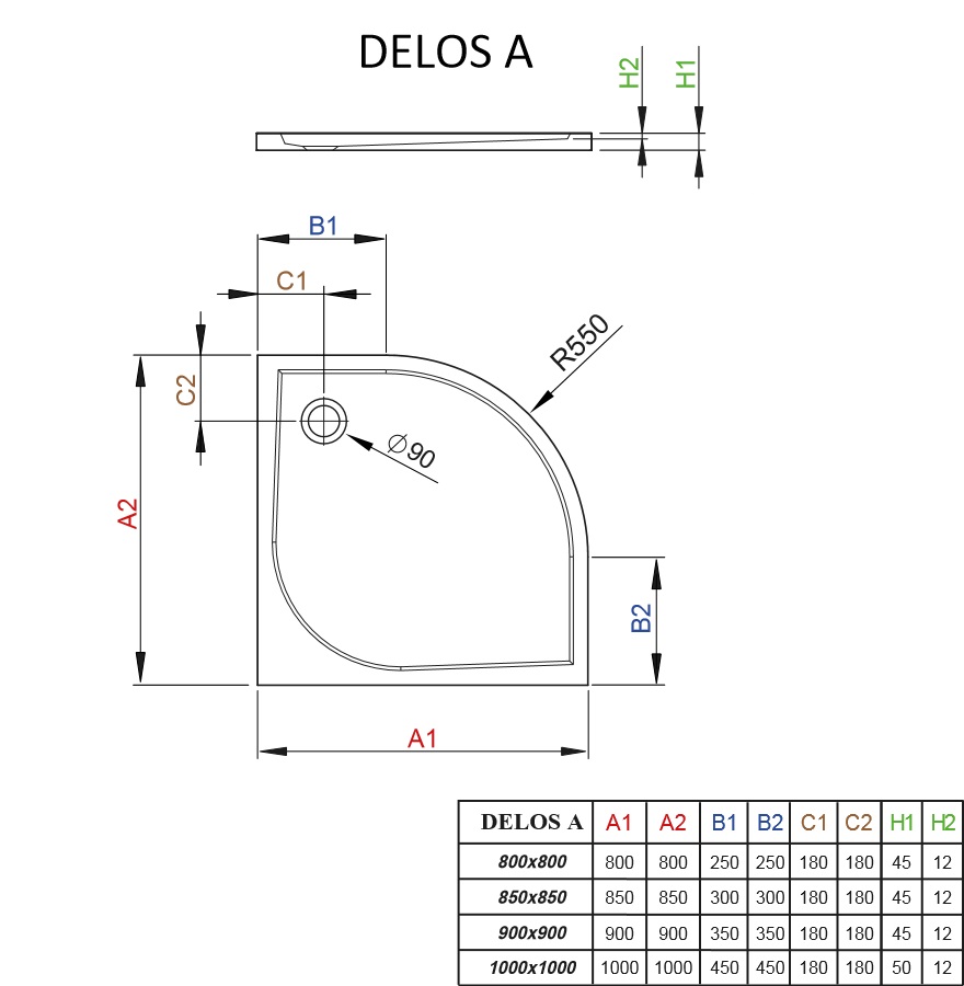 półokrągły brodzik Delos A schemat