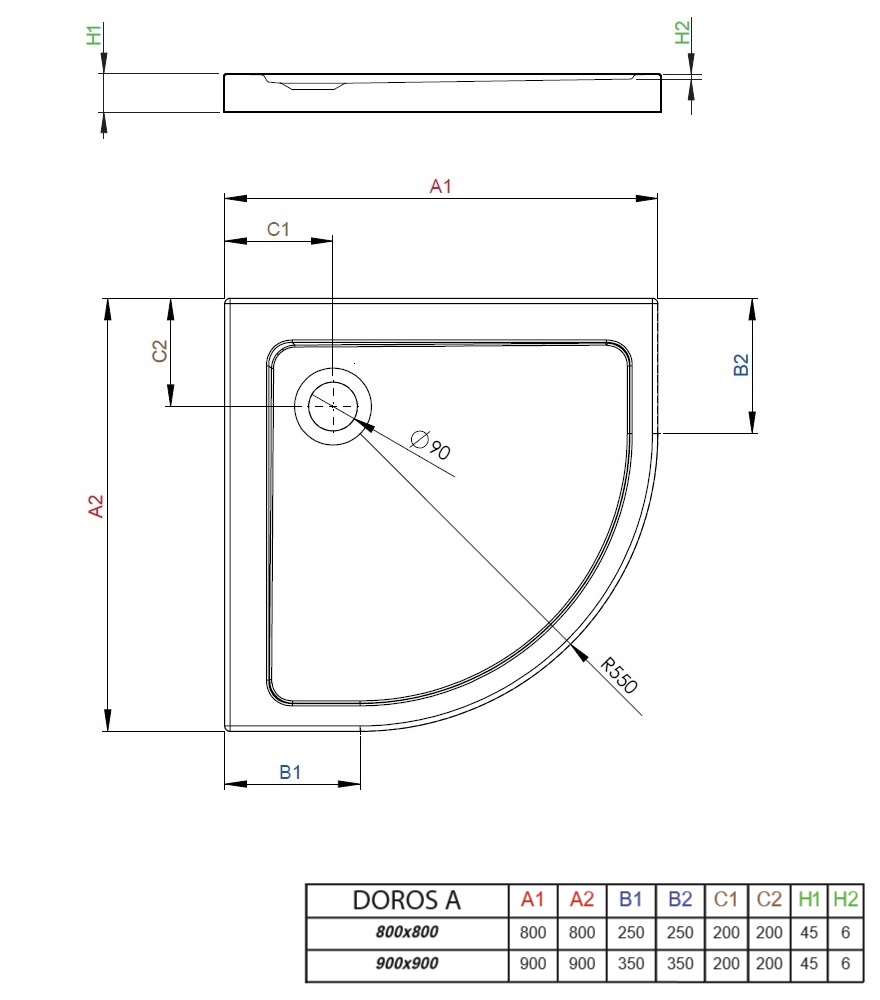 Brodzik półokrągły Doros A schemat