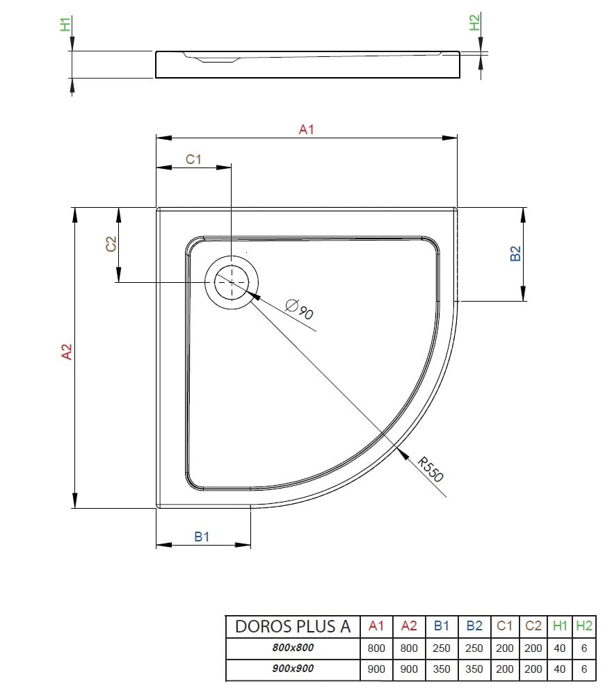 Brodzik półokrągły Doros Plus A schemat