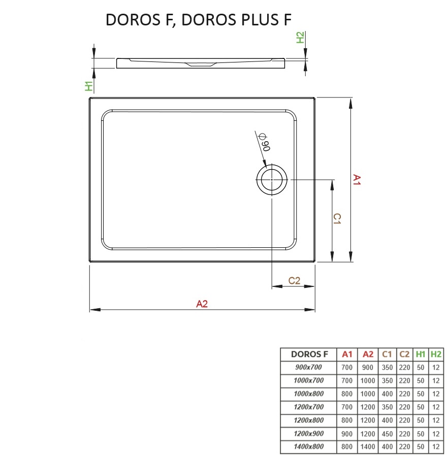 Brodzik prostokątny Doros Plus F schemat