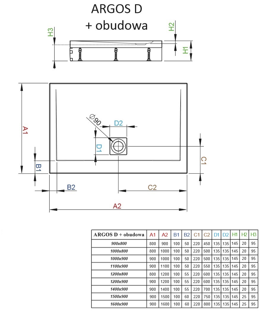 Prostokątny brodzik Argos D schemat