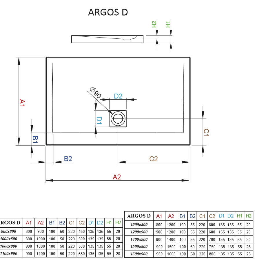 Brodzik prostokatny Argos D schemat