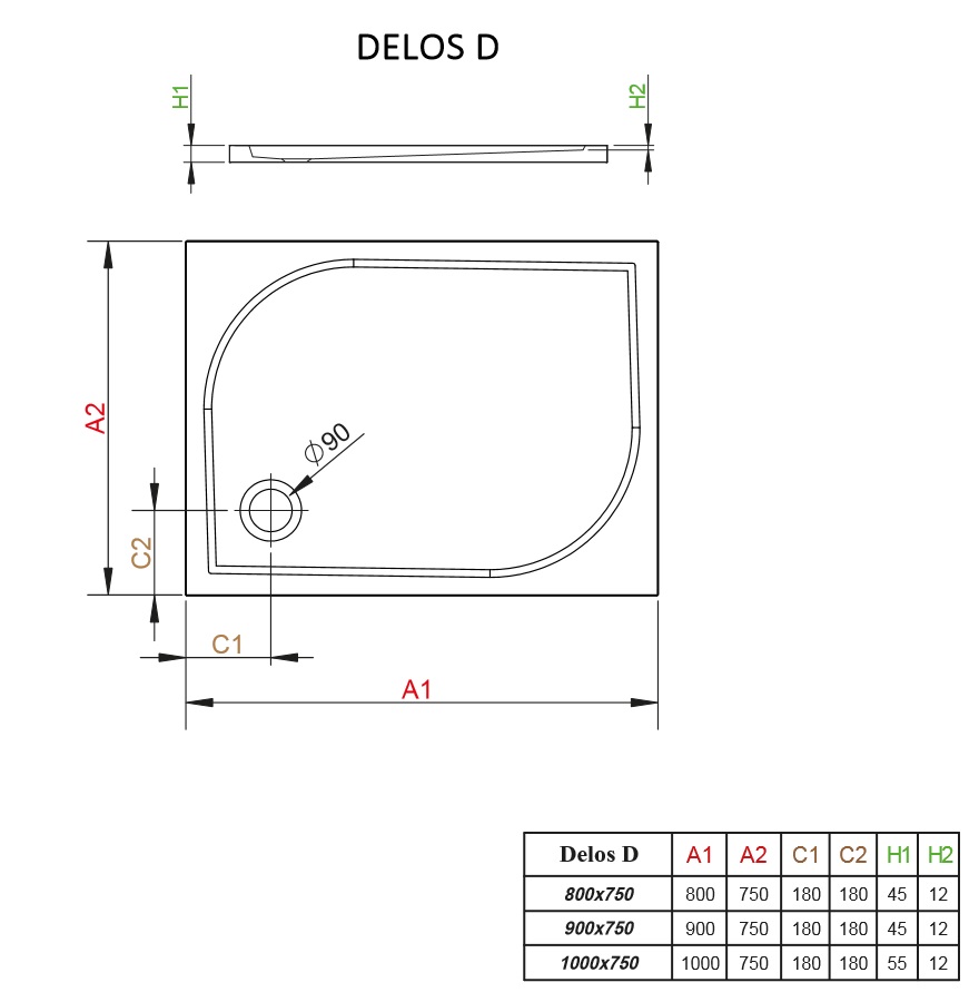 Brodzik prostokatny Delos D schemat