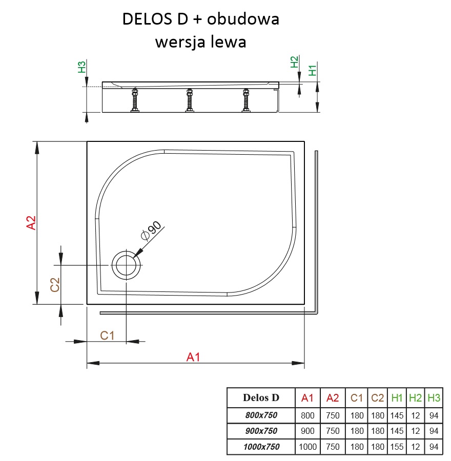 Brodzik prostokatny Delos D z obudową wersja lewa schemat