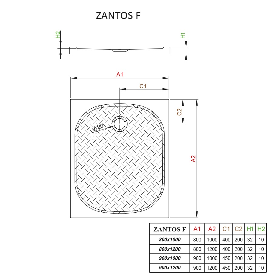 Brodzik prostokatny Zantos F schemat