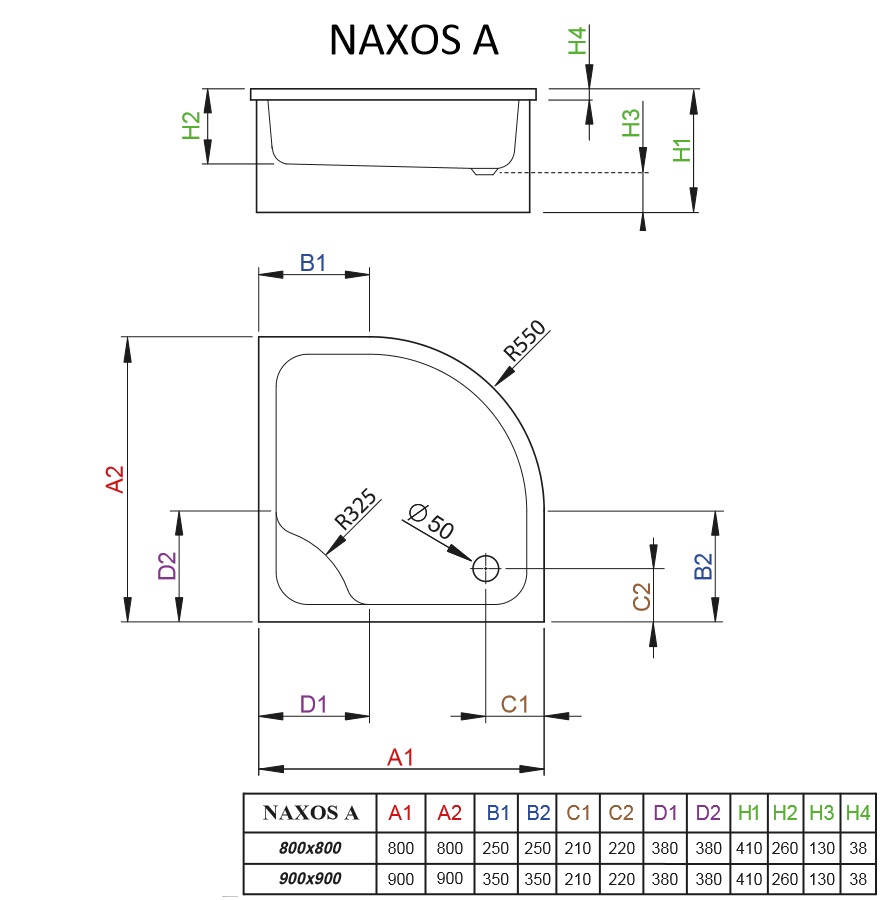 Brodzik półokrągły Naxos A schemat