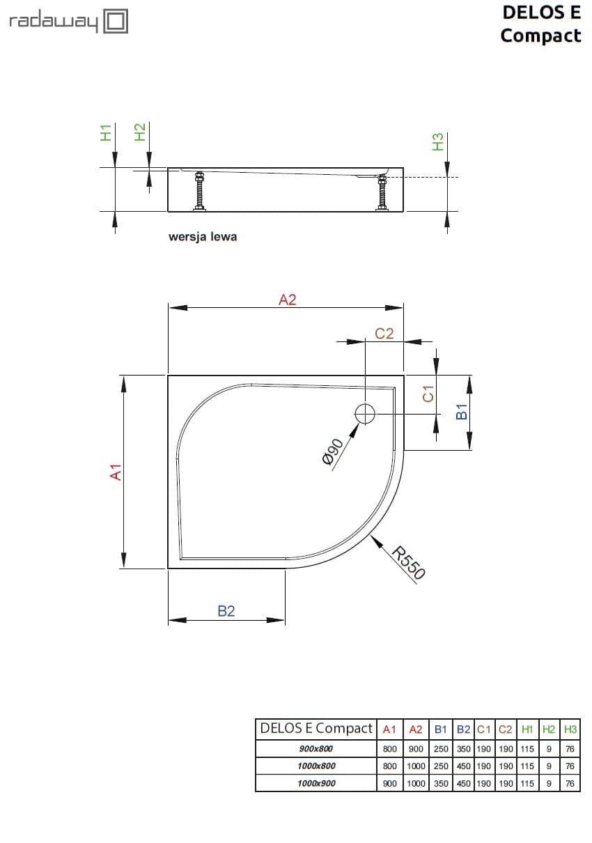 Brodzik asymetryczny Delos E Compact Radaway lewy schemat