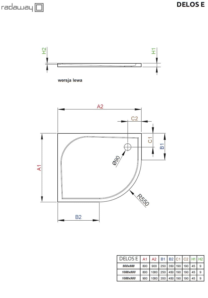 Brodzik asymetryczny Delos E Radaway lewy schemat