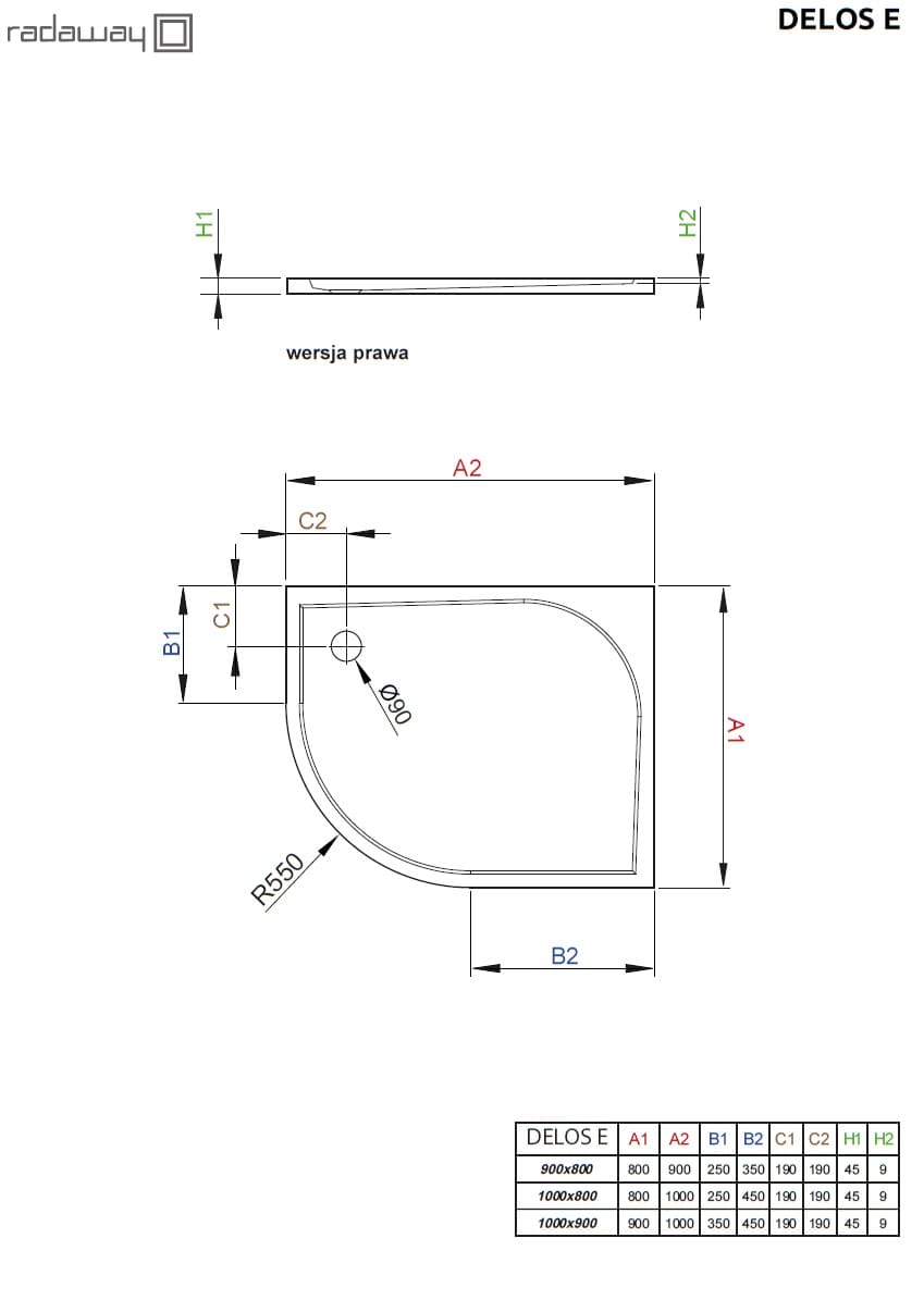 Brodzik asymetryczny Delos E Radaway prawy schemat