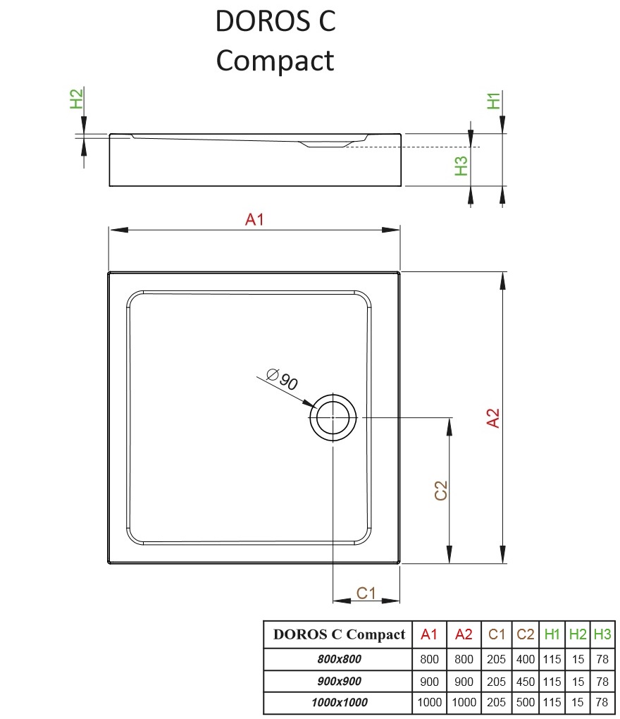 Brodzik kwadratowy Doros Ccompact schemat