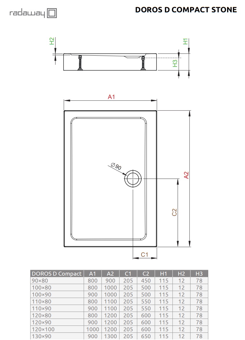 Brodzik prostokatny Doros D compact stone Black schemat