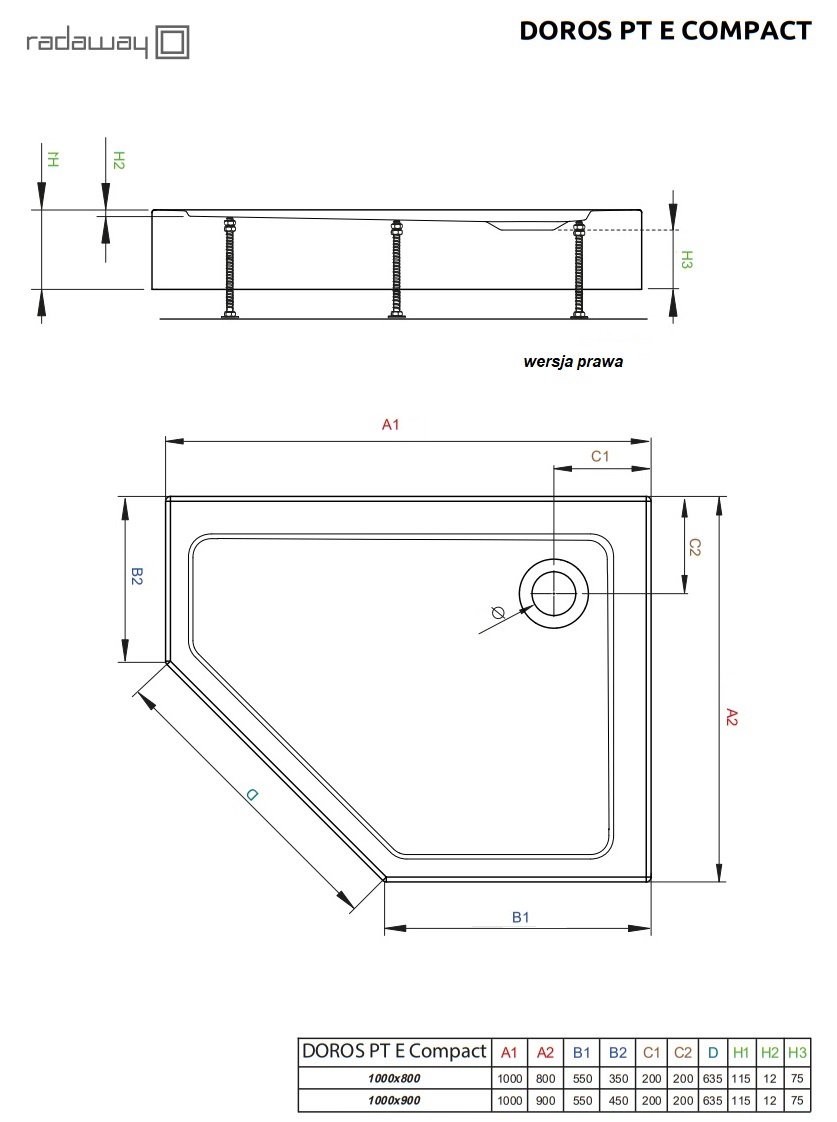 Brodzik pięciokątny Doros PT E Stone black schemat