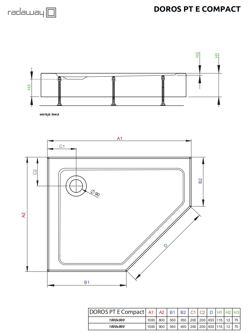 Brodzik pięciokątny Doros PT E Stone black schemat
