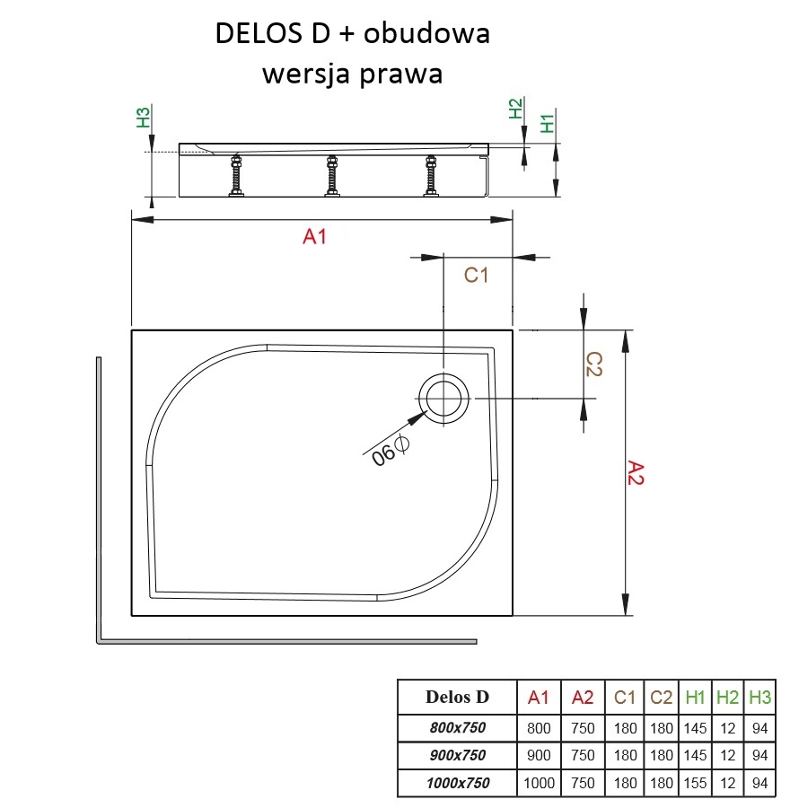 Brodzik prostokatny Delos D z obudową wersja prawa schemat
