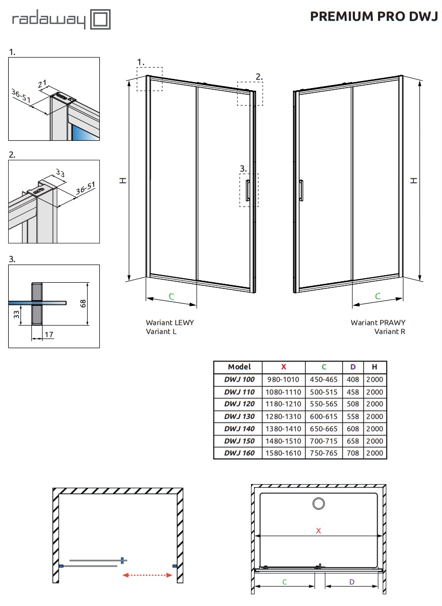 Drzwi prysznicowe Premium PRO schemat