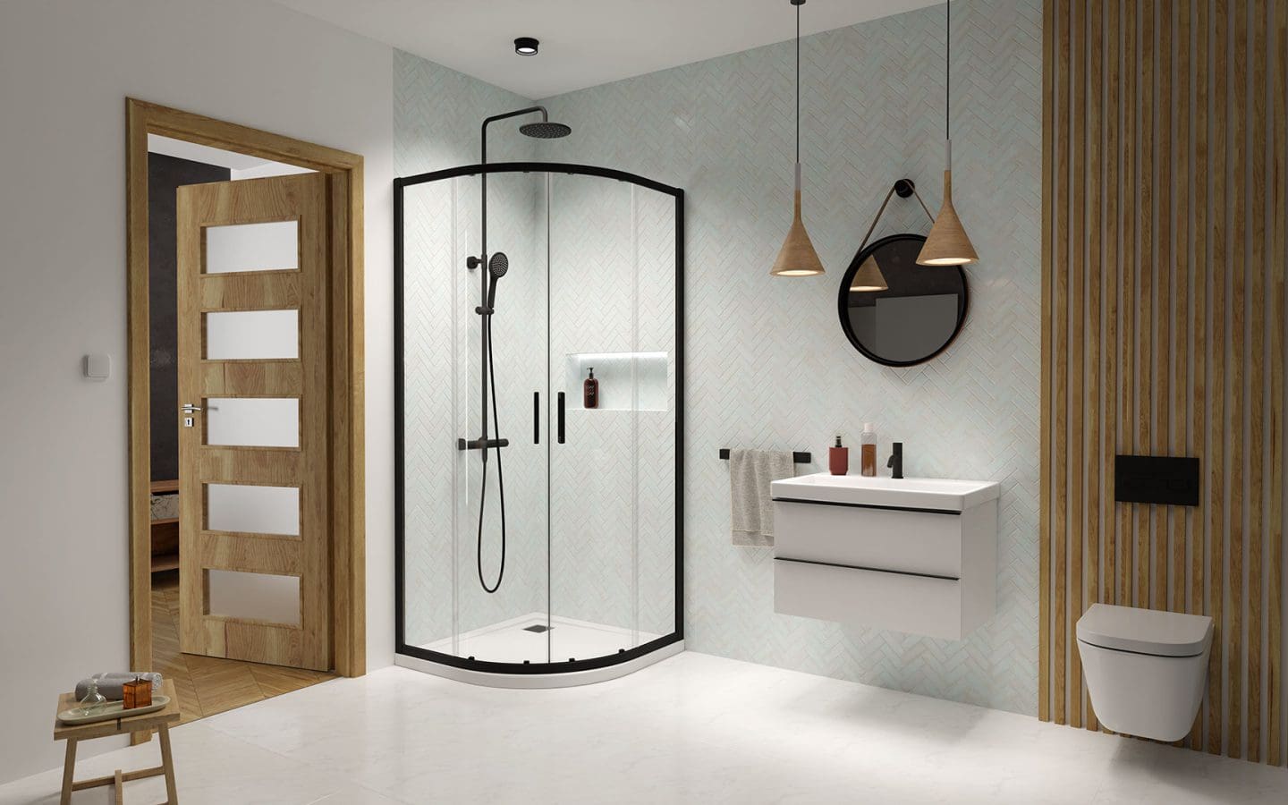 Półokrągła kabina prysznicowa z serii Premium Pro Black PDD w kolorze czarnym